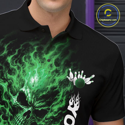 Custom Black And Green Flame Skull Halloween Bowling Team Men Polo Shirt, Bowling Jersey IPHW12006