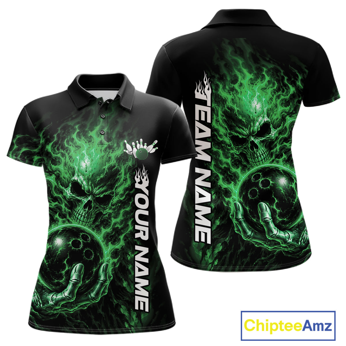 Custom Black And Green Flame Skull Halloween Bowling Team Women Polo Shirt, Bowling Jersey IPHW12006