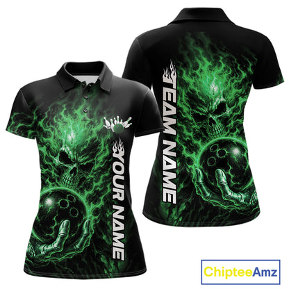 Custom Black And Green Flame Skull Halloween Bowling Team Women Polo Shirt, Bowling Jersey IPHW12006