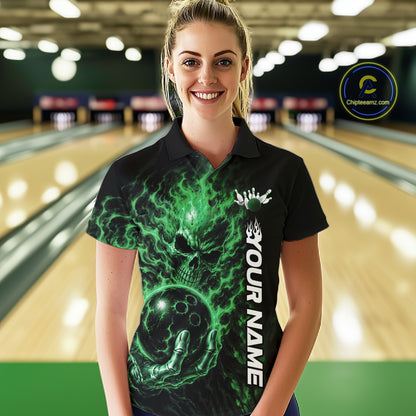 Custom Black And Green Flame Skull Halloween Bowling Team Women Polo Shirt, Bowling Jersey IPHW12006