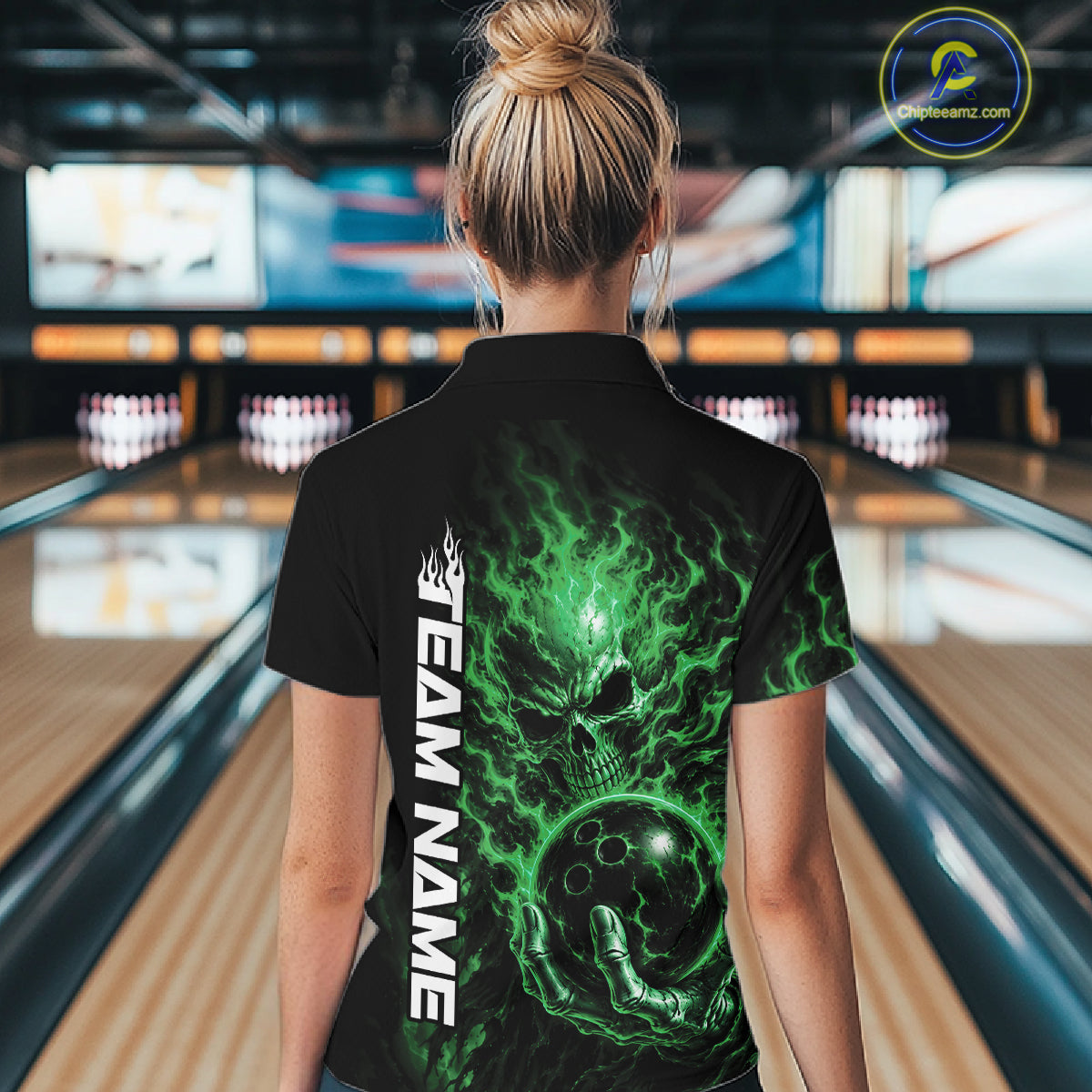 Custom Black And Green Flame Skull Halloween Bowling Team Women Polo Shirt, Bowling Jersey IPHW12006