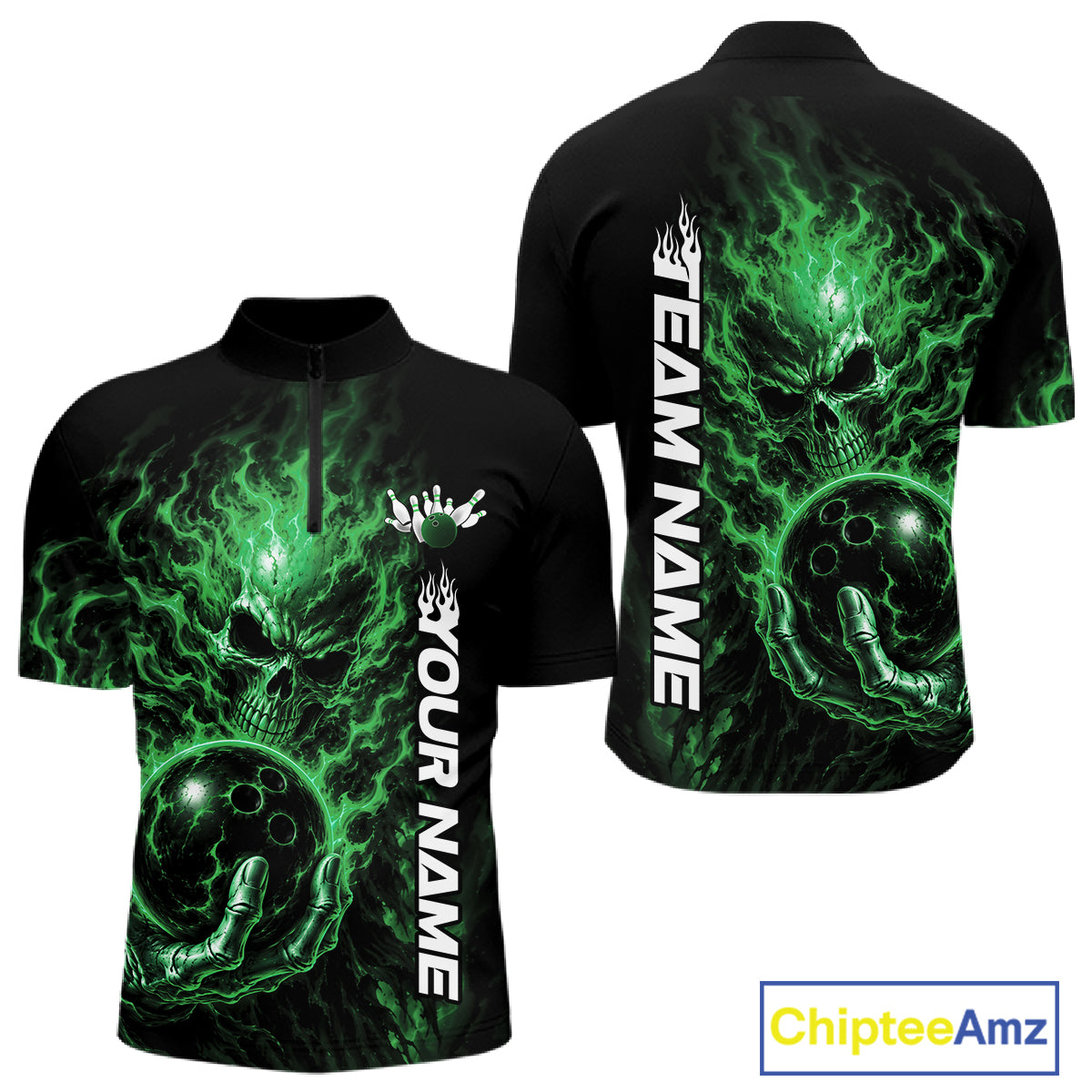 Custom Black And Green Flame Skull Halloween Bowling Team Men Quarter Zip Shirt, Bowling Jersey IPHW12006
