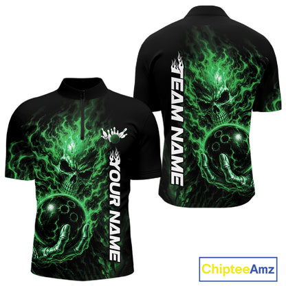 Custom Black And Green Flame Skull Halloween Bowling Team Men Quarter Zip Shirt, Bowling Jersey IPHW12006