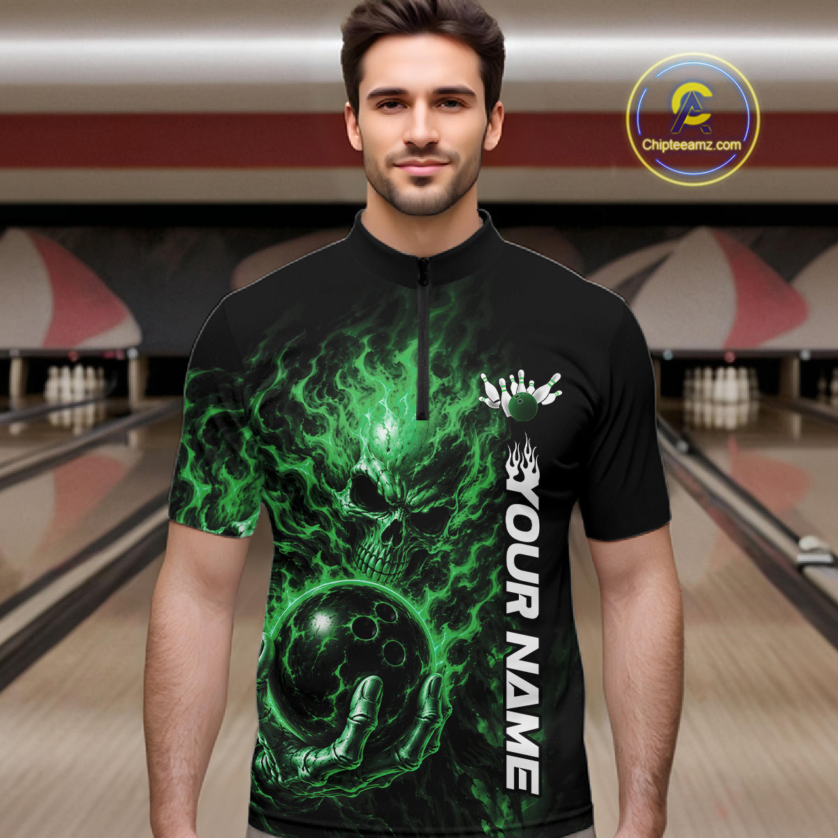Custom Black And Green Flame Skull Halloween Bowling Team Men Quarter Zip Shirt, Bowling Jersey IPHW12006