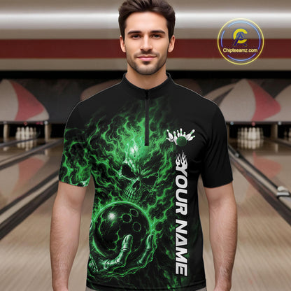 Custom Black And Green Flame Skull Halloween Bowling Team Men Quarter Zip Shirt, Bowling Jersey IPHW12006