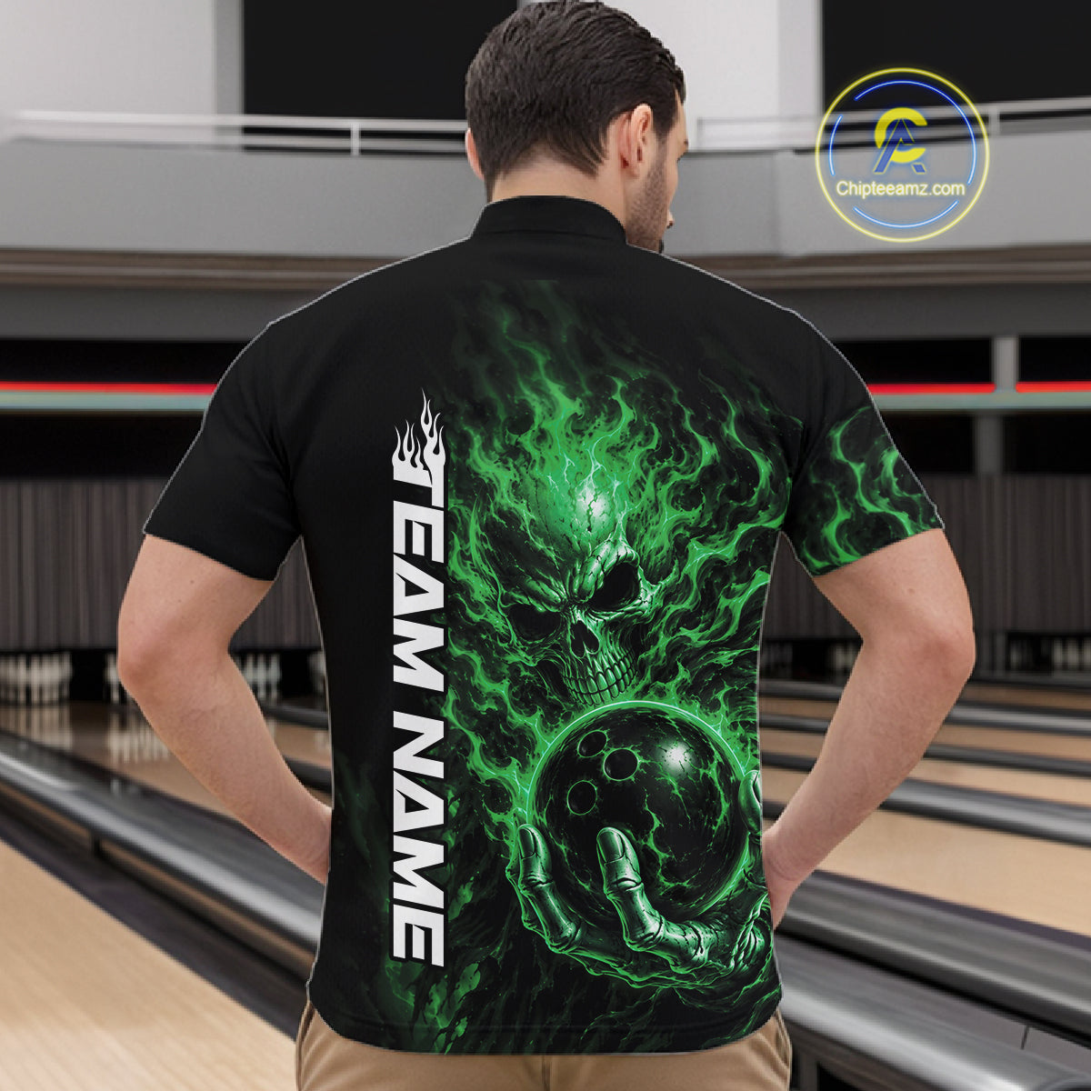 Custom Black And Green Flame Skull Halloween Bowling Team Men Quarter Zip Shirt, Bowling Jersey IPHW12006