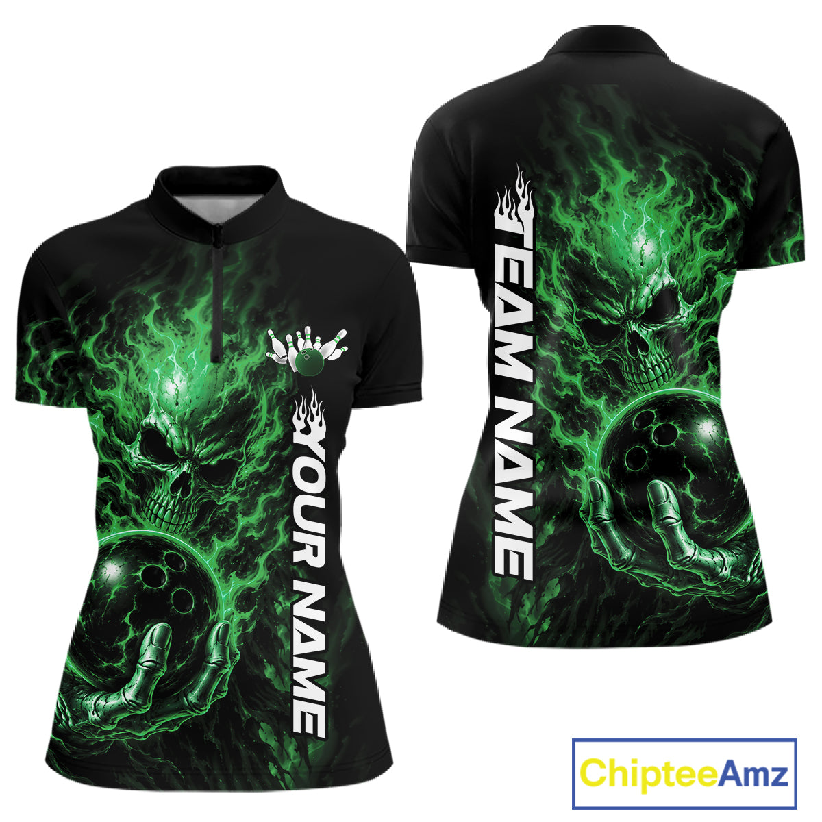 Custom Green Flame Skull Halloween Bowling Team Women Quarter-Zip Shirt, Bowling Jersey IPHW12006