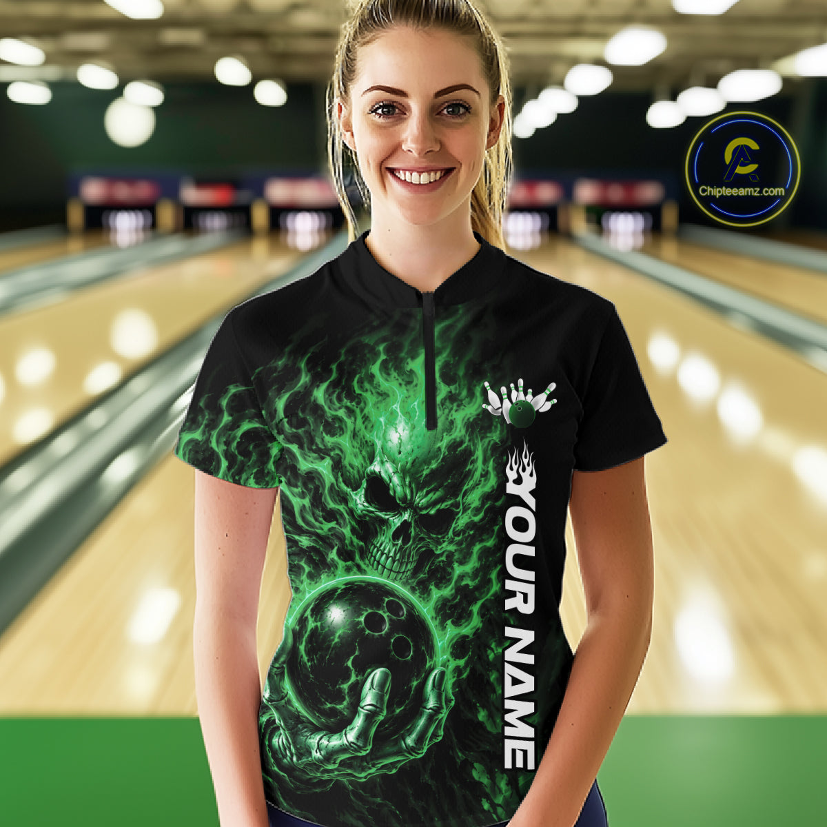 Custom Green Flame Skull Halloween Bowling Team Women Quarter-Zip Shirt, Bowling Jersey IPHW12006