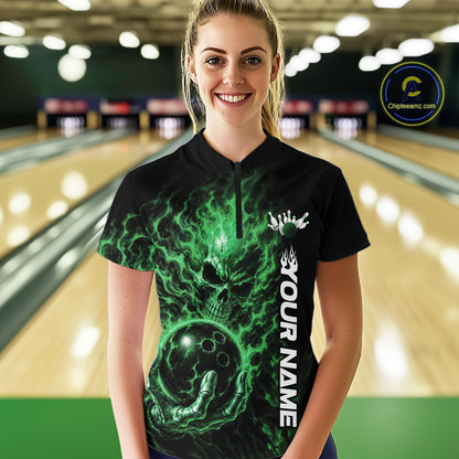 Custom Green Flame Skull Halloween Bowling Team Women Quarter-Zip Shirt, Bowling Jersey IPHW12006