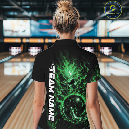 Custom Green Flame Skull Halloween Bowling Team Women Quarter-Zip Shirt, Bowling Jersey IPHW12006