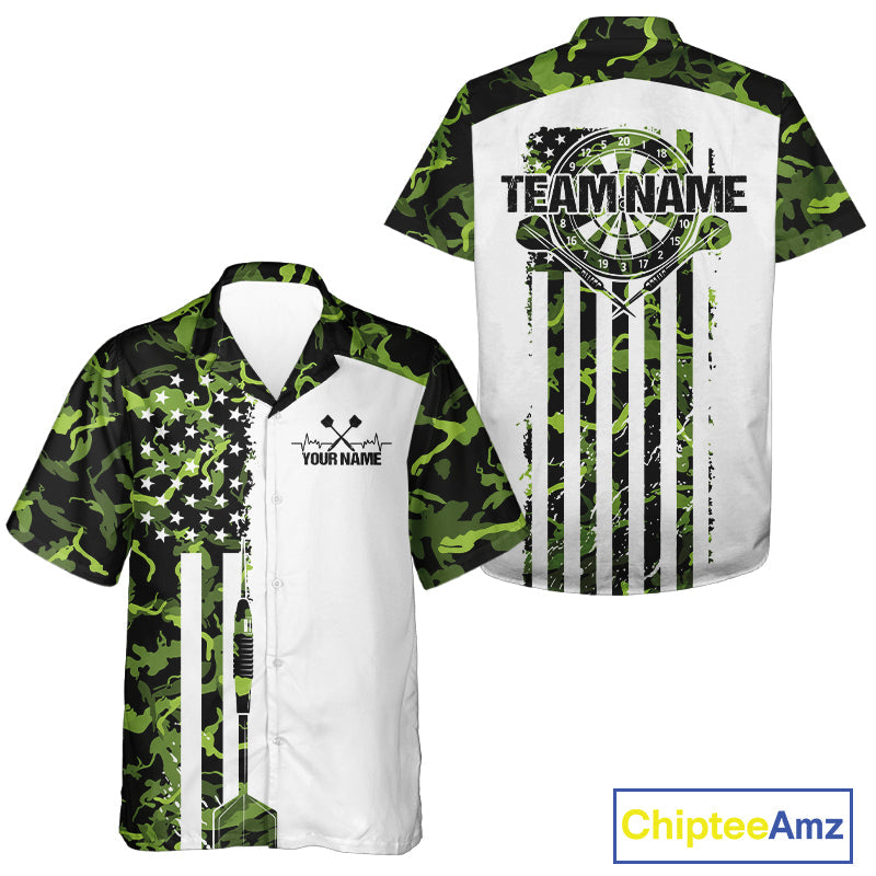 Custom Green Military Camo Patriotic Dart Men And Women Hawaiian Shirts, US Flag Dart Team Shirt IPHW9952