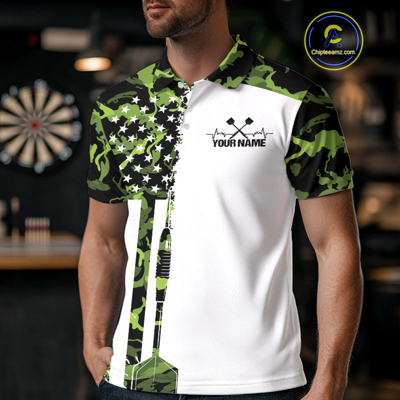 Custom Green Military Camo Patriotic Dart Men Polo Shirts, US Flag Dart Team Shirt IPHW9952