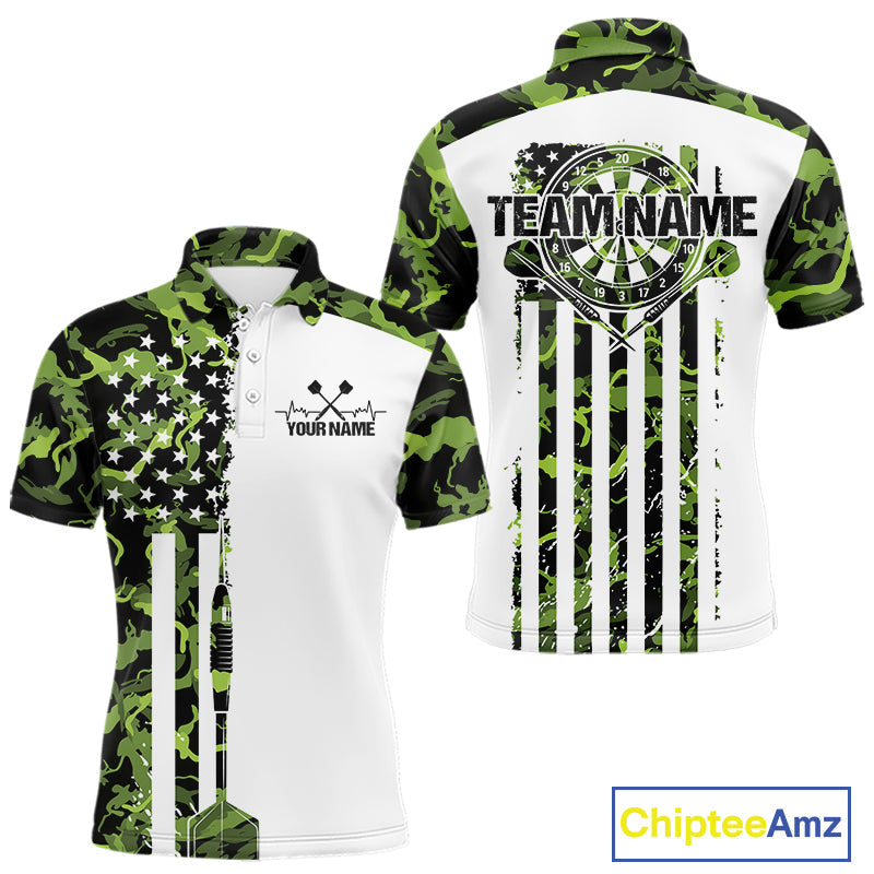Custom Green Military Camo Patriotic Dart Men Polo Shirts, US Flag Dart Team Shirt IPHW9952