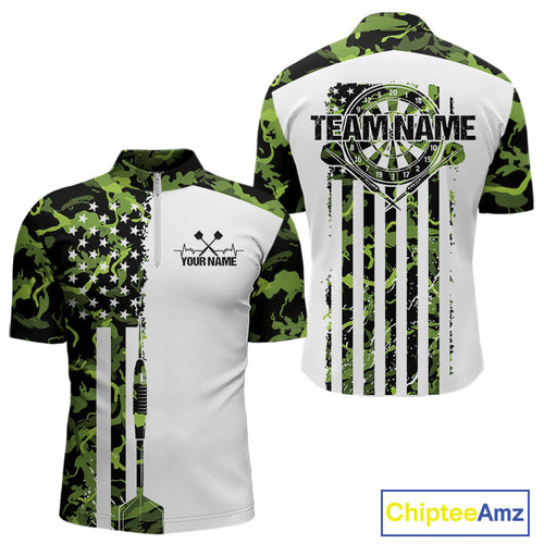 Custom Green Military Camo Patriotic Dart Men Quarter-Zip Shirts, US Flag Dart Team Shirt IPHW9952
