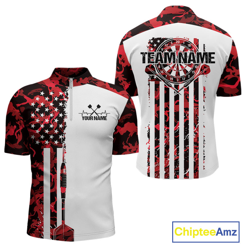 Custom Red Military Camo Patriotic Dart Men Quarter-Zip Shirts, US Flag Dart Team Shirt IPHW9953