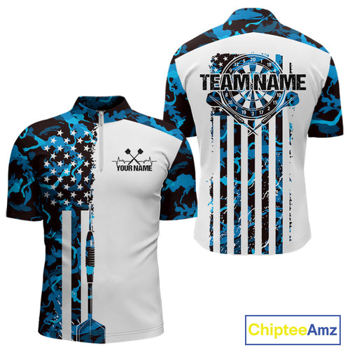 Custom Blue Military Camo Patriotic Dart Men Quarter-Zip Shirts, US Flag Dart Team Shirt IPHW9954