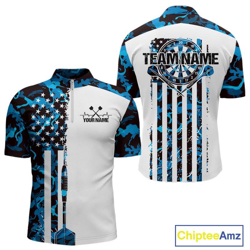 Custom Blue Military Camo Patriotic Dart Men Quarter-Zip Shirts, US Flag Dart Team Shirt IPHW9954