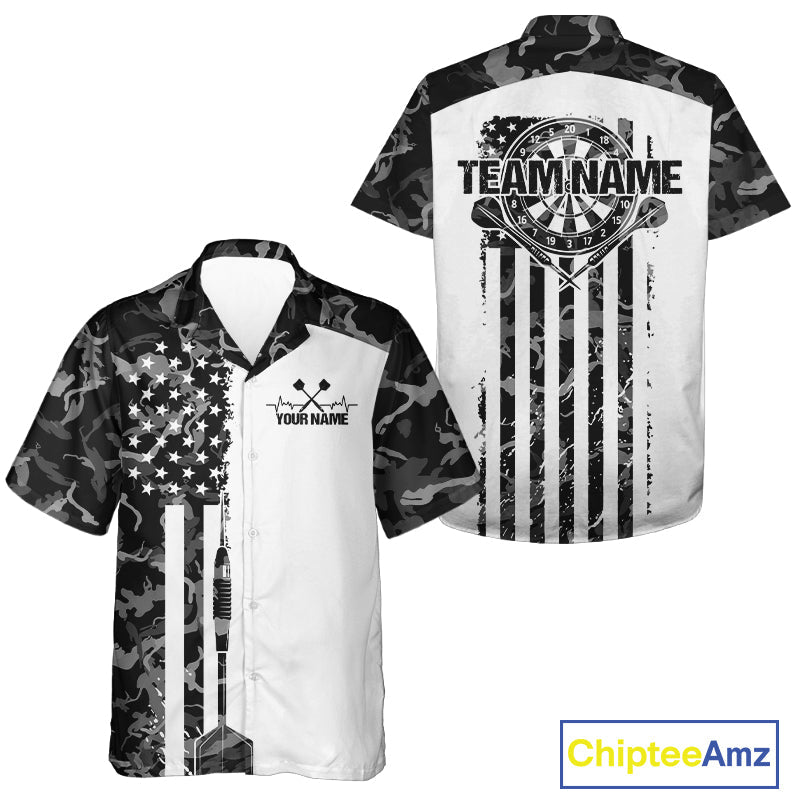 Custom Gray Military Camo Patriotic Dart Men And Women Hawaiian Shirts, US Flag Dart Team Shirt IPHW9955