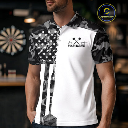 Custom Gray Military Camo Patriotic Dart Men Polo Shirts, US Flag Dart Team Shirt IPHW9955