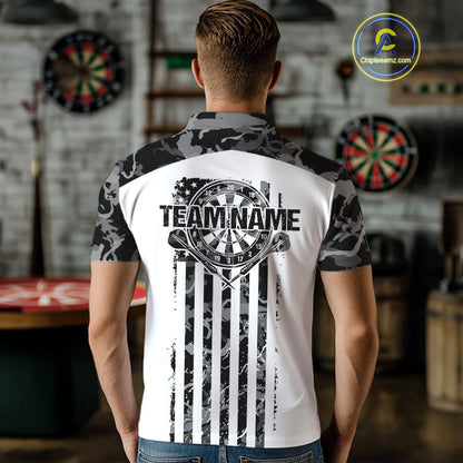 Custom Gray Military Camo Patriotic Dart Men Polo Shirts, US Flag Dart Team Shirt IPHW9955