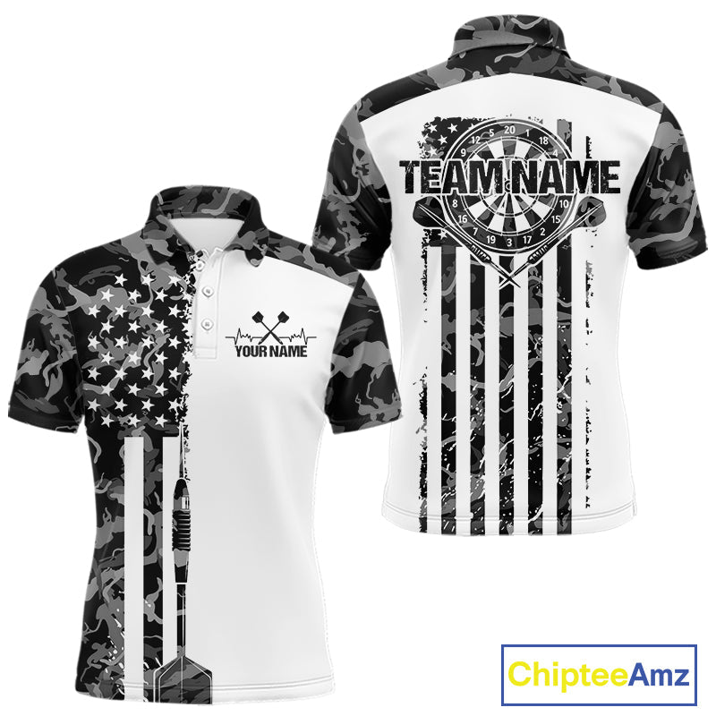Custom Gray Military Camo Patriotic Dart Men Polo Shirts, US Flag Dart Team Shirt IPHW9955