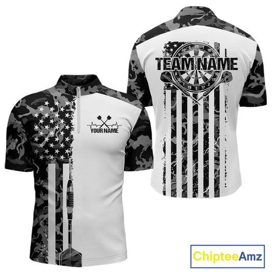 Custom Gray Military Camo Patriotic Dart Men Quarter-Zip Shirts, US Flag Dart Team Shirt IPHW9955