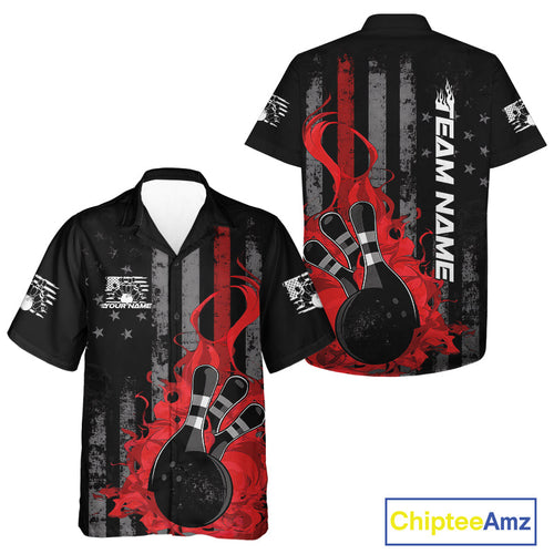 Custom Grunge Vintage Red Thin Line US Flag Patriotic Men And Women Hawaiian Bowling Team Shirts IPHW10169