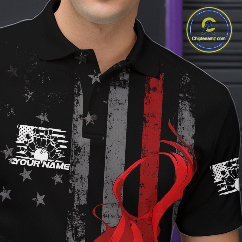 Custom Grunge Vintage Red Thin Line US Flag Patriotic Men Polo Bowling Team Shirts IPHW10169