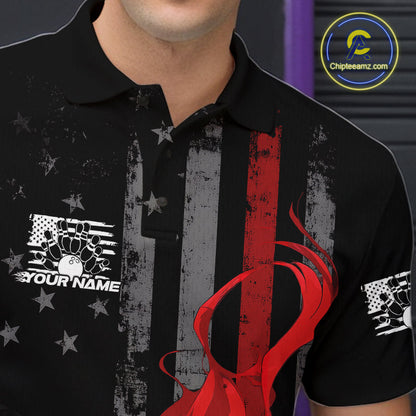 Custom Grunge Vintage Red Thin Line US Flag Patriotic Men Polo Bowling Team Shirts IPHW10169