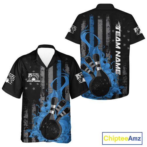 Custom Grunge Vintage Blue Thin Line US Flag Patriotic Men And Women Hawaiian Bowling Team Shirts IPHW10170
