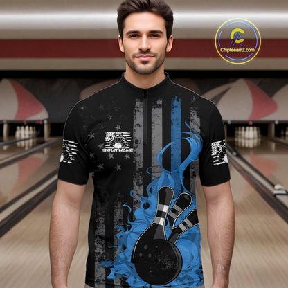 Custom Grunge Vintage Blue Thin Line US Flag Patriotic Men Quarter-Zip Bowling Team Shirts IPHW10170