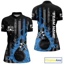 Load image into Gallery viewer, Custom Grunge Vintage Blue Thin Line US Flag Patriotic Women Bowling Team Shirts IPHW10170