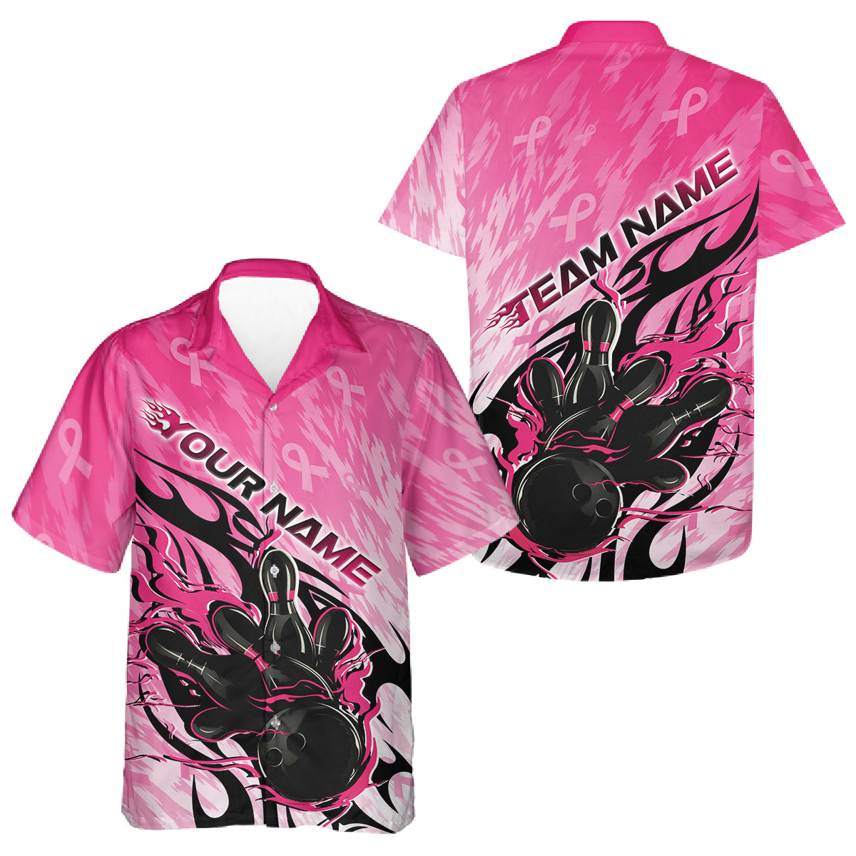 Custom Breast Cancer Awareness Flame Pink Ribbon Bowling Team Men And Women Button Up Shirt IPHW12052