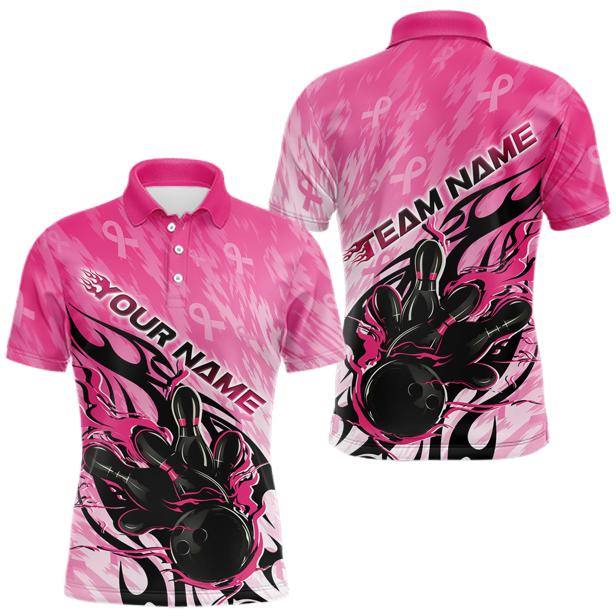 Custom Breast Cancer Awareness Flame Pink Ribbon Bowling Team Men Polo Shirt IPHW12052