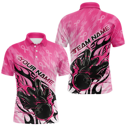 Custom Breast Cancer Awareness Flame Pink Ribbon Bowling Team Men Polo Shirt IPHW12052