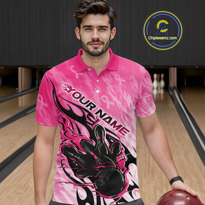 Custom Breast Cancer Awareness Flame Pink Ribbon Bowling Team Men Polo Shirt IPHW12052