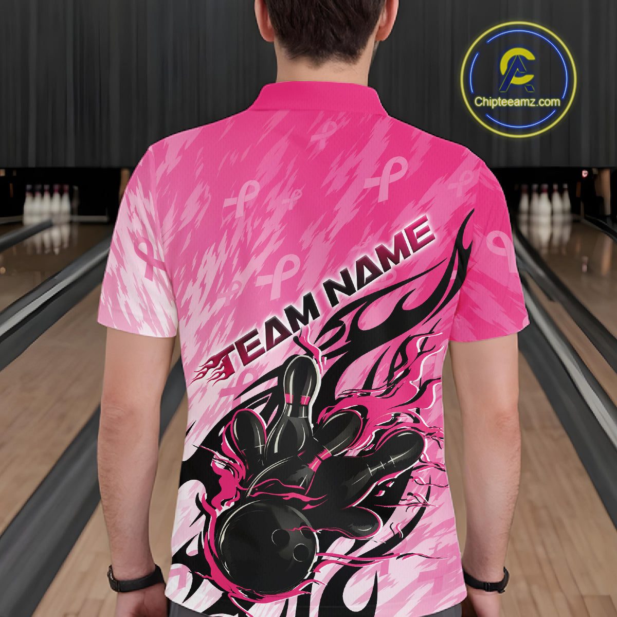 Custom Breast Cancer Awareness Flame Pink Ribbon Bowling Team Men Polo Shirt IPHW12052