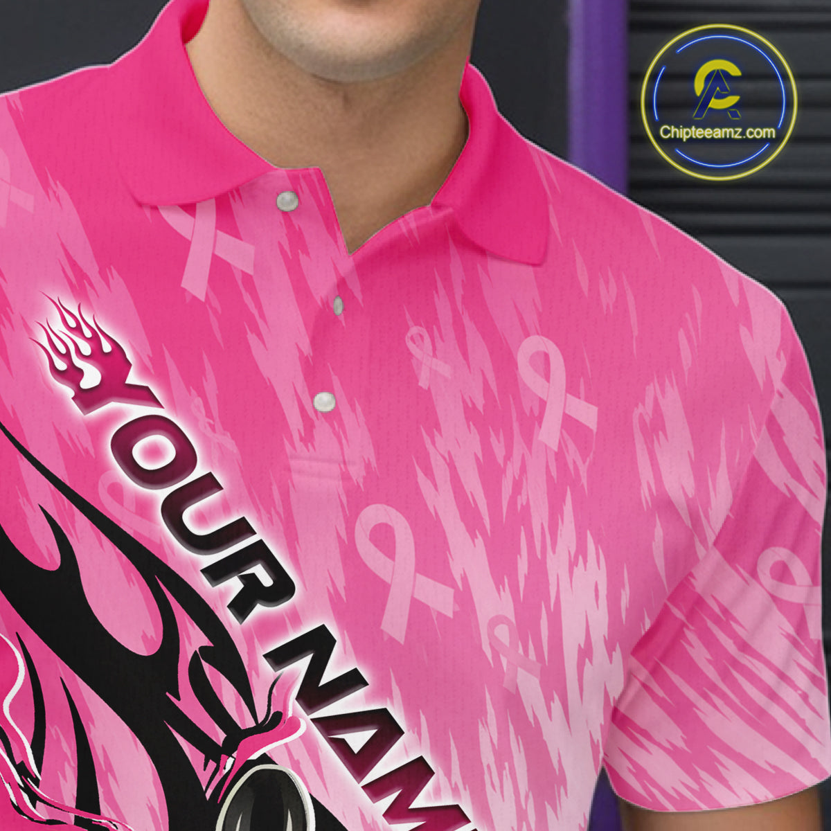 Custom Breast Cancer Awareness Flame Pink Ribbon Bowling Team Men Polo Shirt IPHW12052