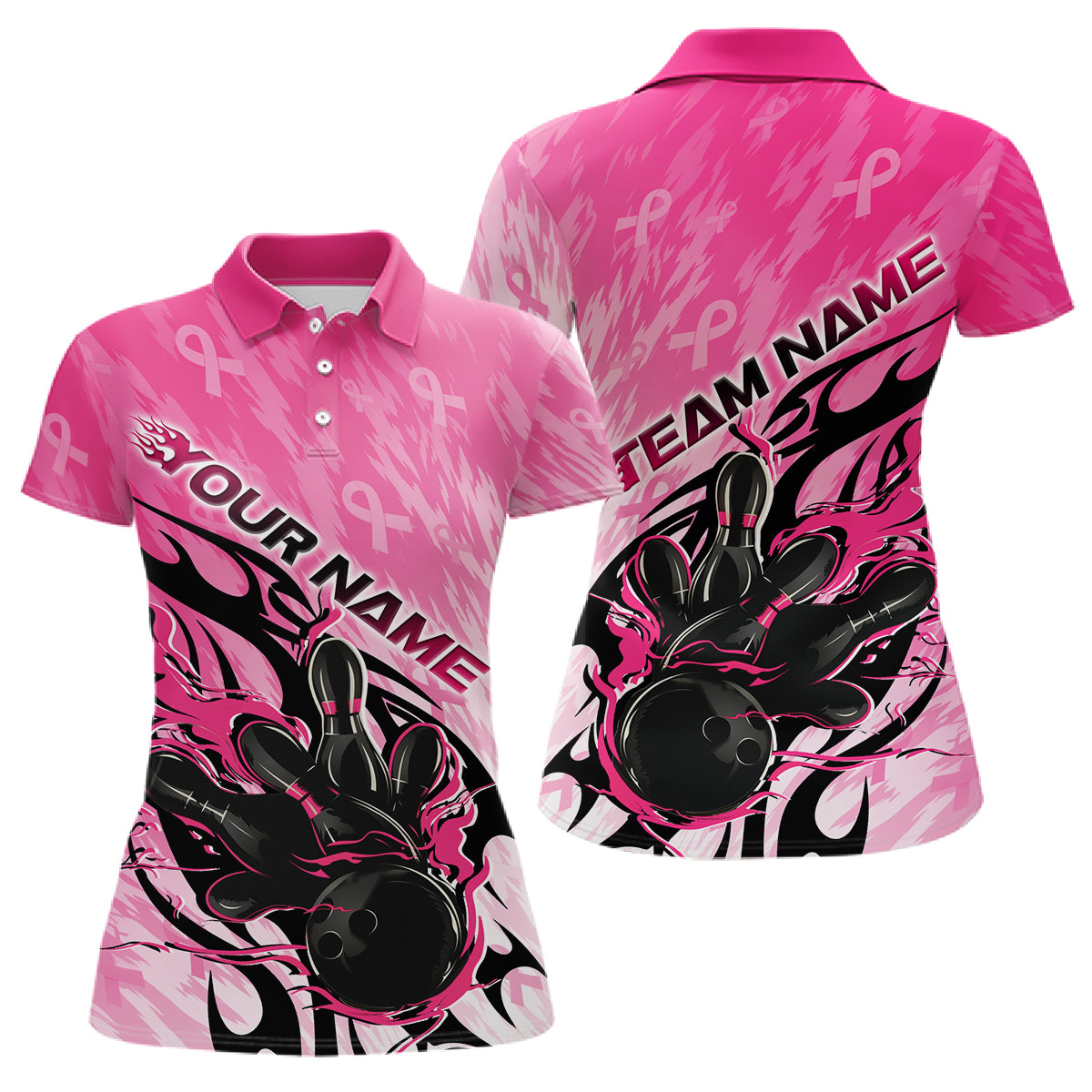 Custom Breast Cancer Awareness Flame Pink Ribbon Bowling Team Women Polo Shirt IPHW12052