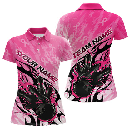 Custom Breast Cancer Awareness Flame Pink Ribbon Bowling Team Women Polo Shirt IPHW12052