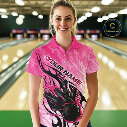 Custom Breast Cancer Awareness Flame Pink Ribbon Bowling Team Women Polo Shirt IPHW12052