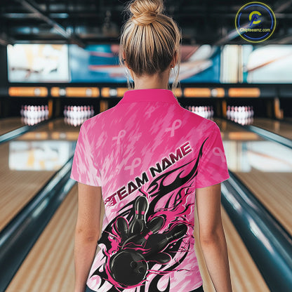 Custom Breast Cancer Awareness Flame Pink Ribbon Bowling Team Women Polo Shirt IPHW12052