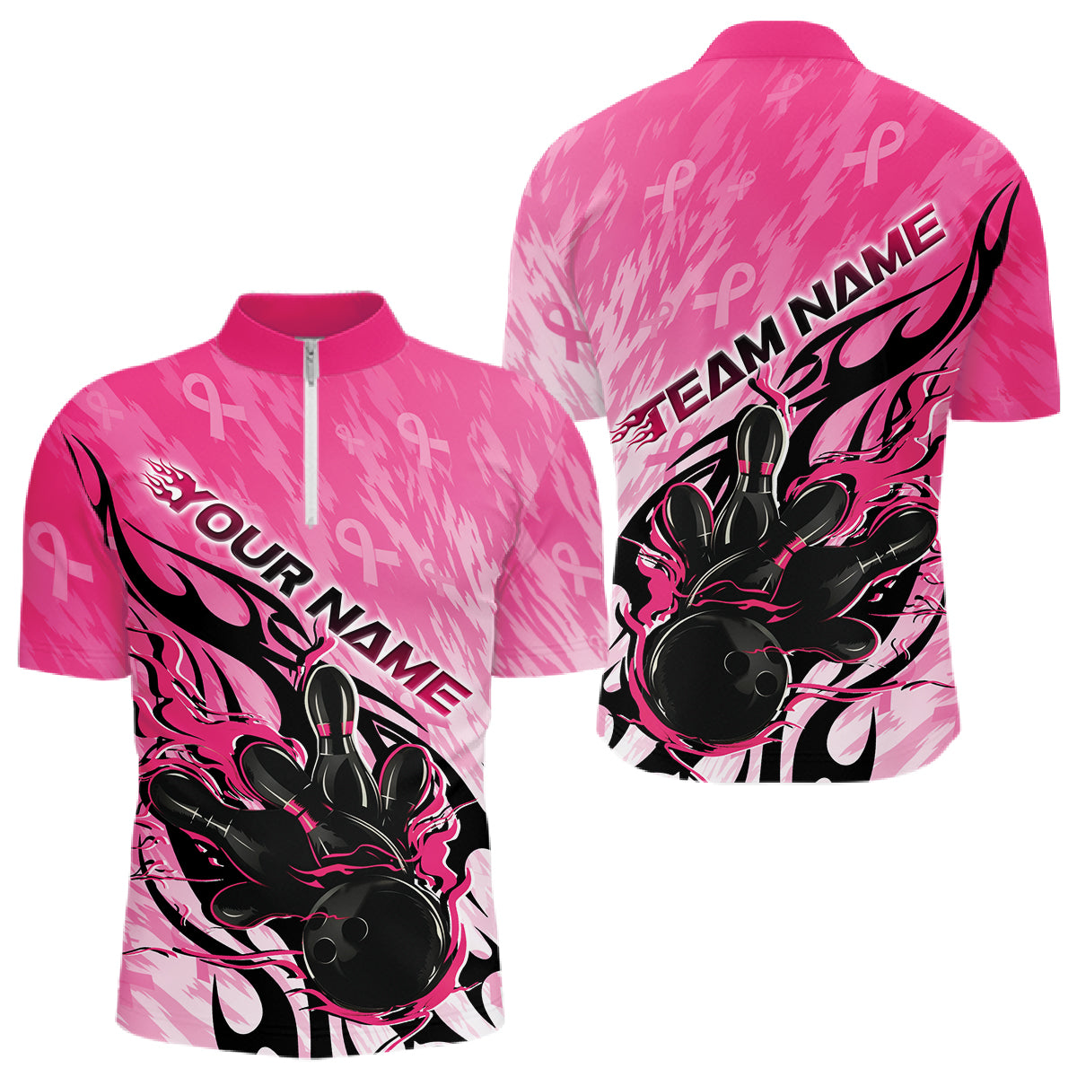 Custom Breast Cancer Awareness Flame Pink Ribbon Bowling Team Men Quarter Zip Shirt IPHW12052