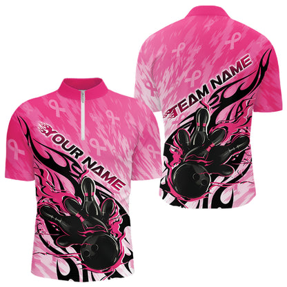 Custom Breast Cancer Awareness Flame Pink Ribbon Bowling Team Men Quarter Zip Shirt IPHW12052