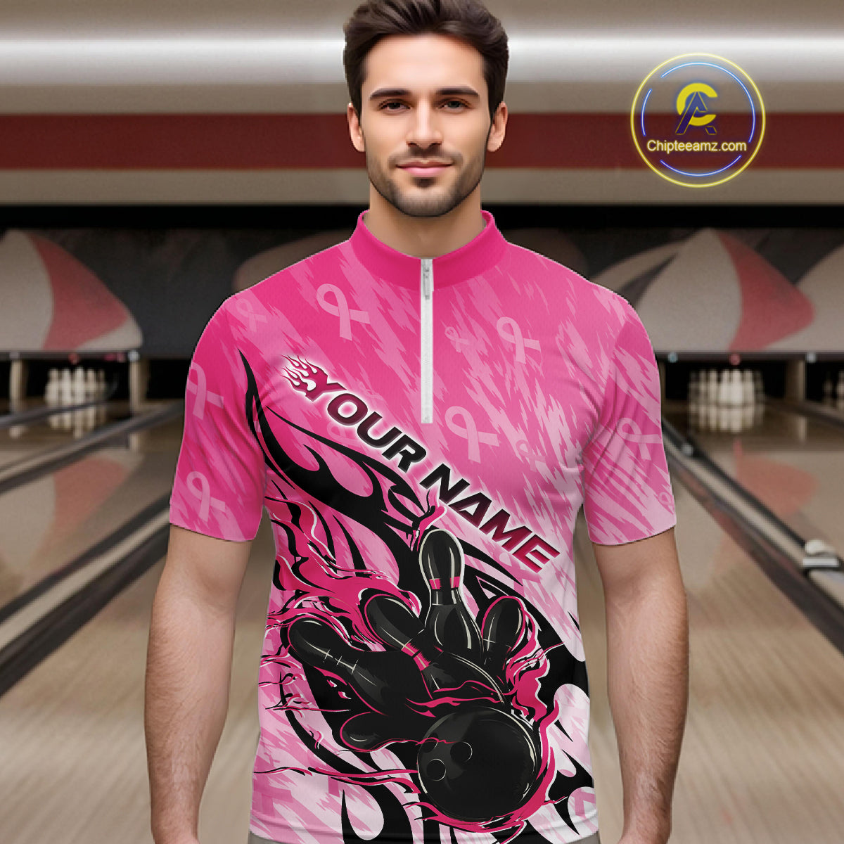 Custom Breast Cancer Awareness Flame Pink Ribbon Bowling Team Men Quarter Zip Shirt IPHW12052