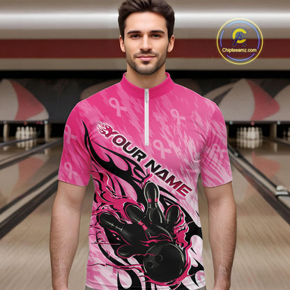 Custom Breast Cancer Awareness Flame Pink Ribbon Bowling Team Men Quarter Zip Shirt IPHW12052