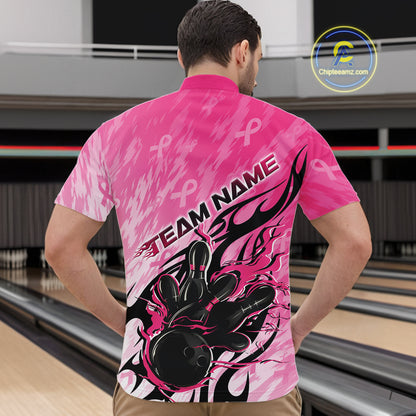 Custom Breast Cancer Awareness Flame Pink Ribbon Bowling Team Men Quarter Zip Shirt IPHW12052
