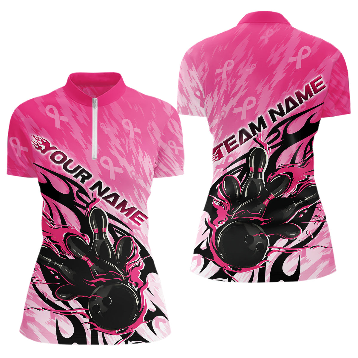 Custom Breast Cancer Awareness Flame Pink Ribbon Bowling Team Women Quarter-Zip Shirt IPHW12052
