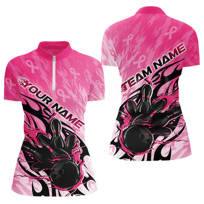 Custom Breast Cancer Awareness Flame Pink Ribbon Bowling Team Women Quarter-Zip Shirt IPHW12052