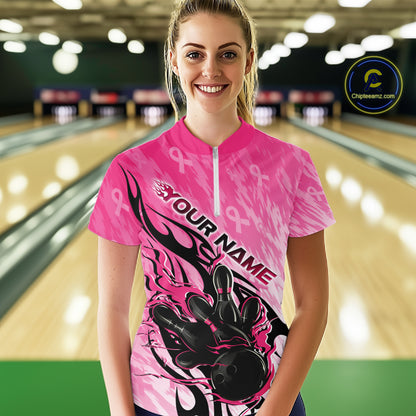 Custom Breast Cancer Awareness Flame Pink Ribbon Bowling Team Women Quarter-Zip Shirt IPHW12052